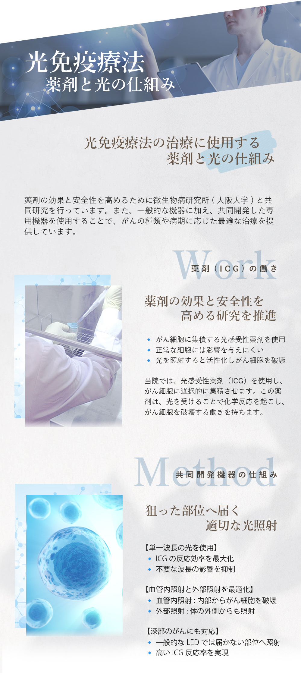 光免疫療法に使用する薬剤と光の仕組み