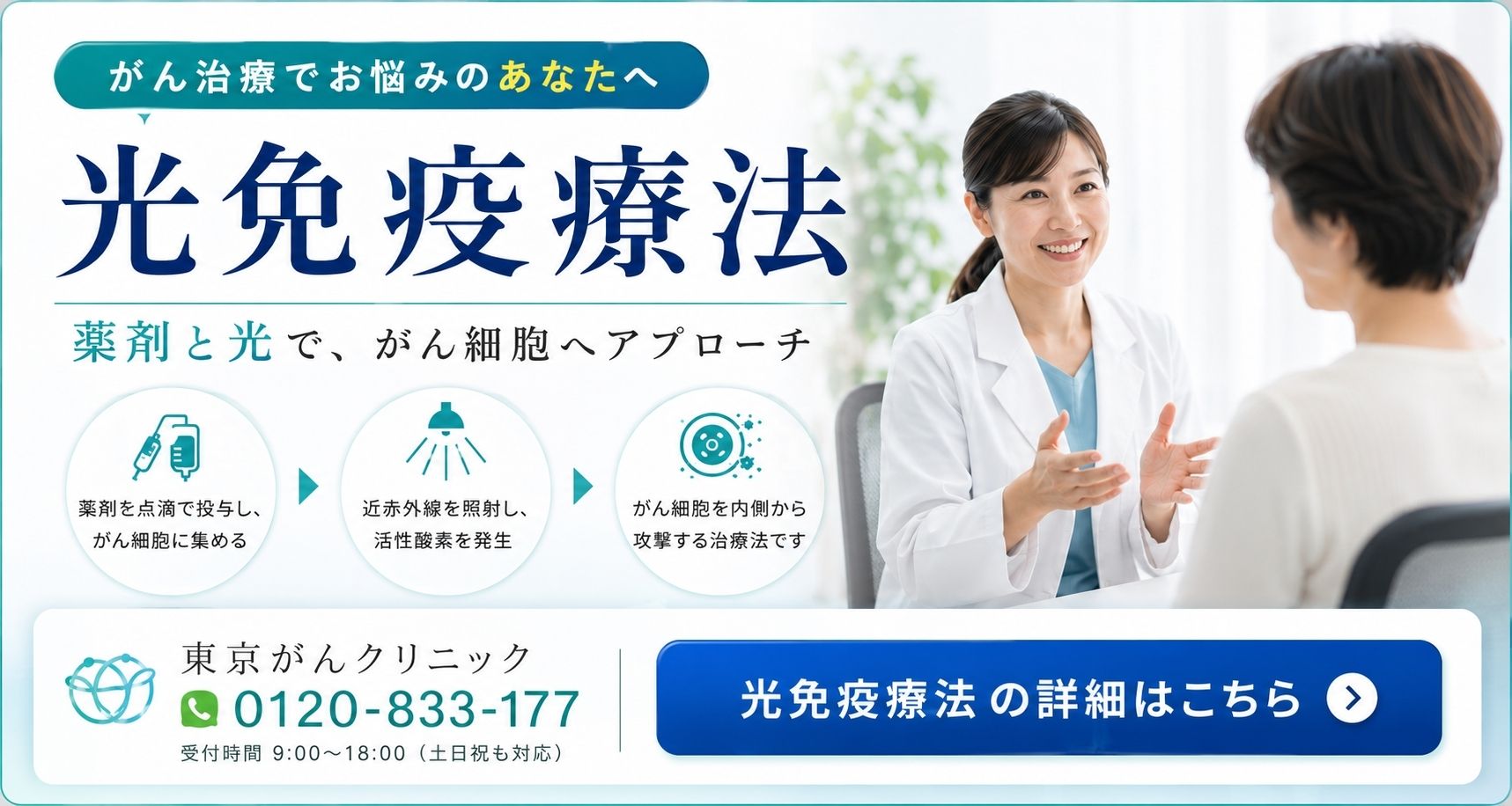 東京がんクリニックの光免疫療法。薬剤と光で、がん細胞へアプローチ。電話番号0120-833-177。詳しくはこちら。