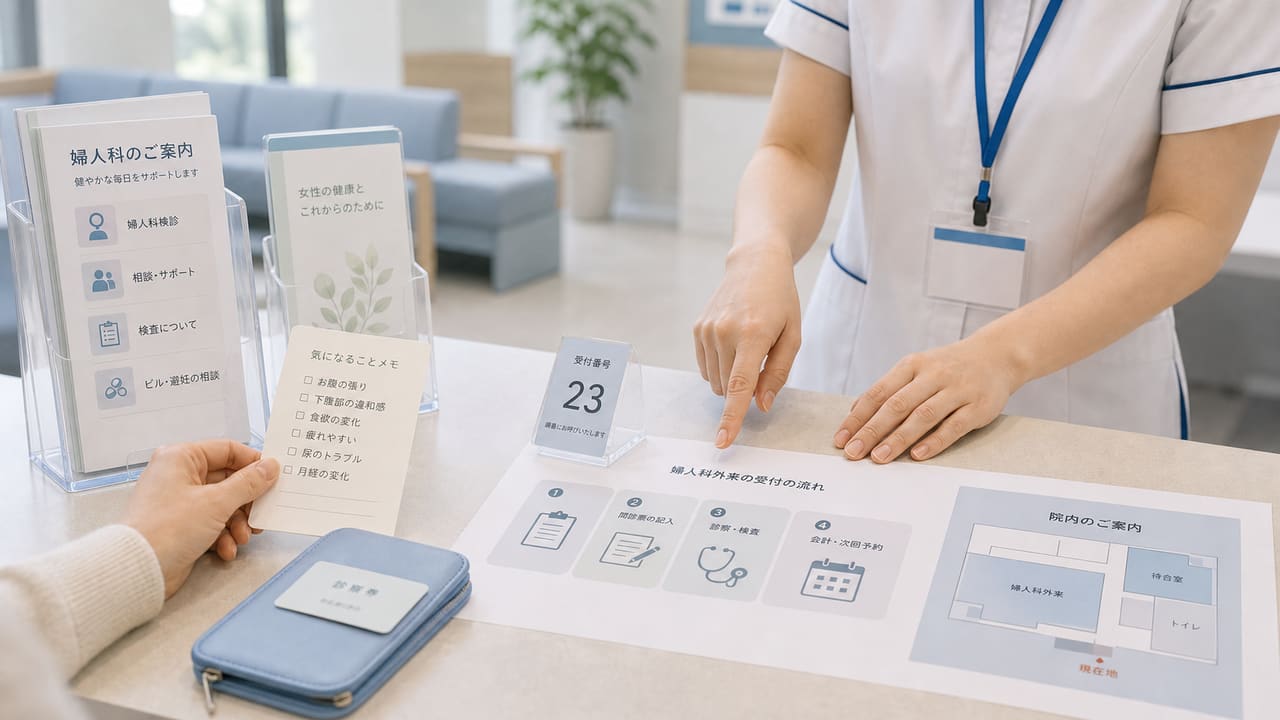 卵巣がんが心配なとき婦人科受付で受診相談をするイメージ
