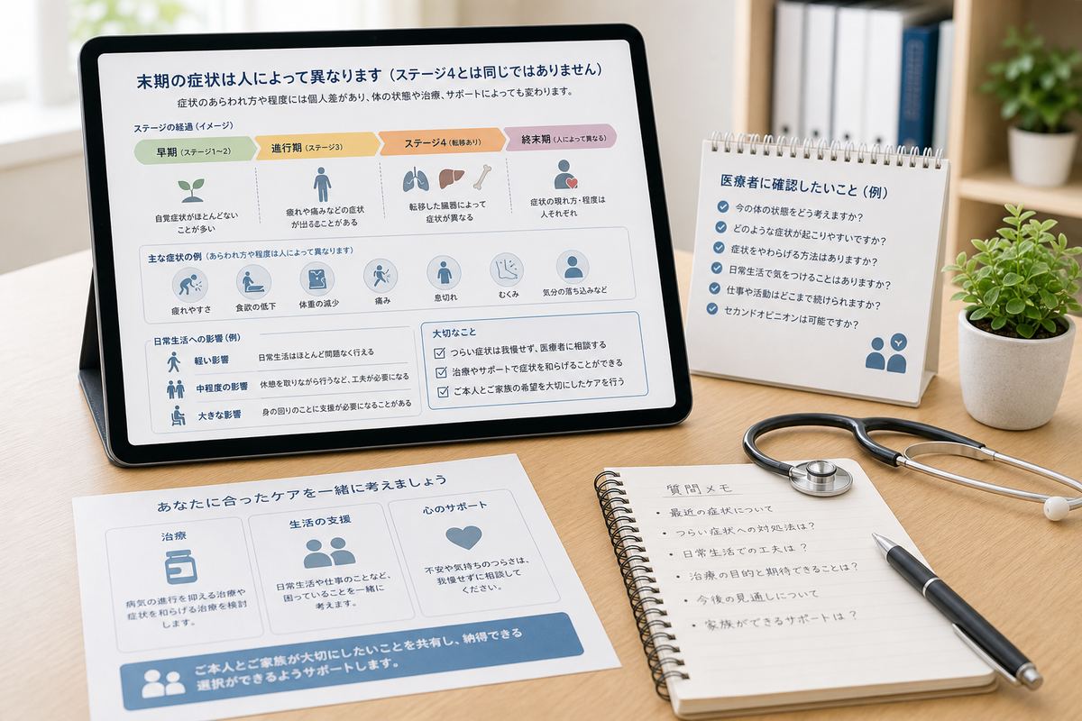 腎臓がんの末期症状について説明資料を確認するイメージ