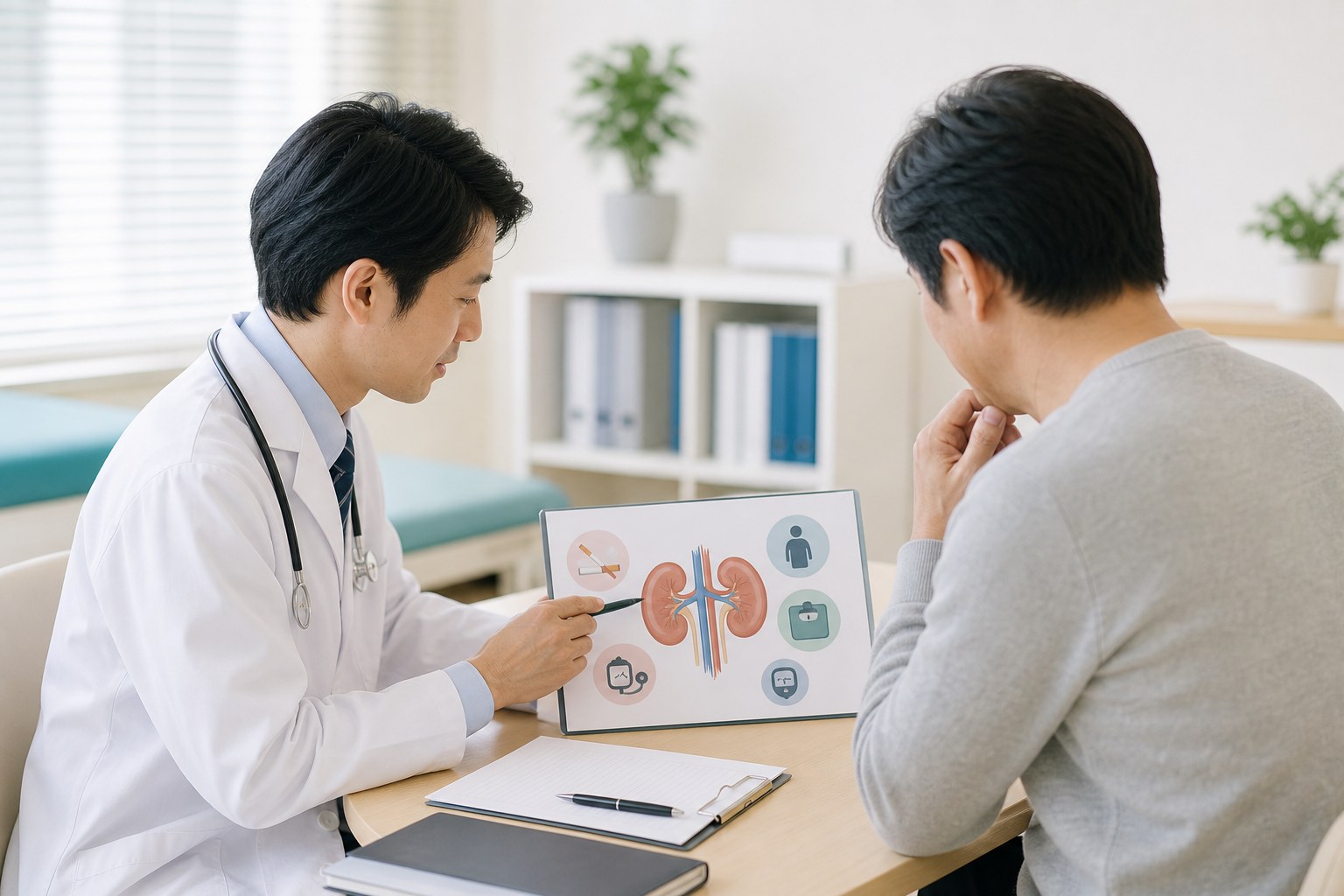 腎臓がんの原因について医療者と資料を確認するイメージ