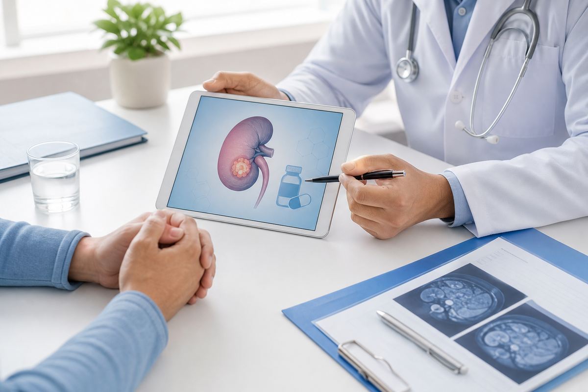 腎臓がんの抗がん剤治療と薬物療法を示す医療イラスト
