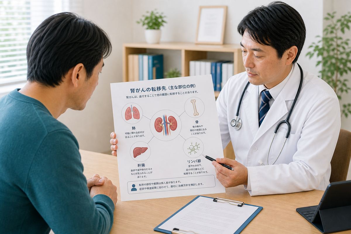 腎臓がんの転移について医師と資料を確認するイメージ