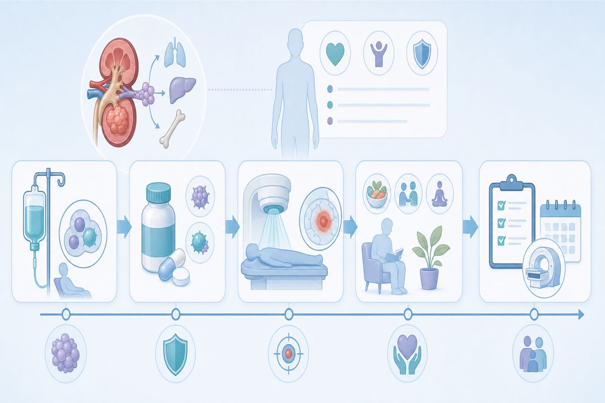 腎臓がんステージ4の薬物療法と症状緩和を示す治療計画図