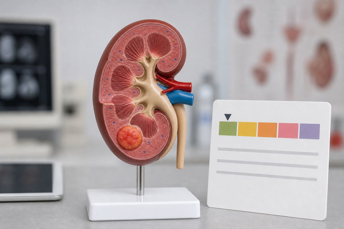 腎臓がんステージ1の状態を腎臓模型で説明するイメージ