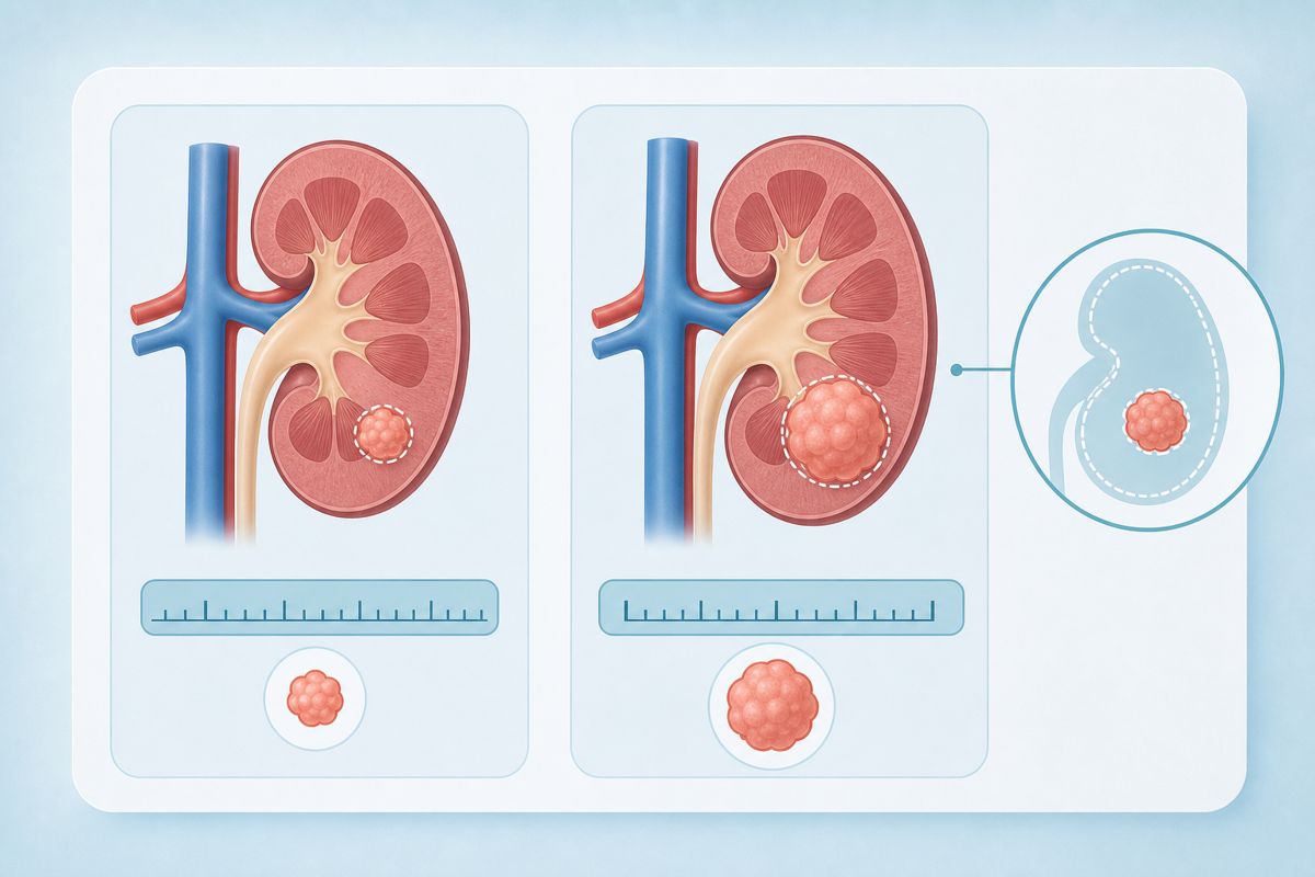 腎臓がんステージ2で腫瘍が腎臓内にとどまる状態を示す図解