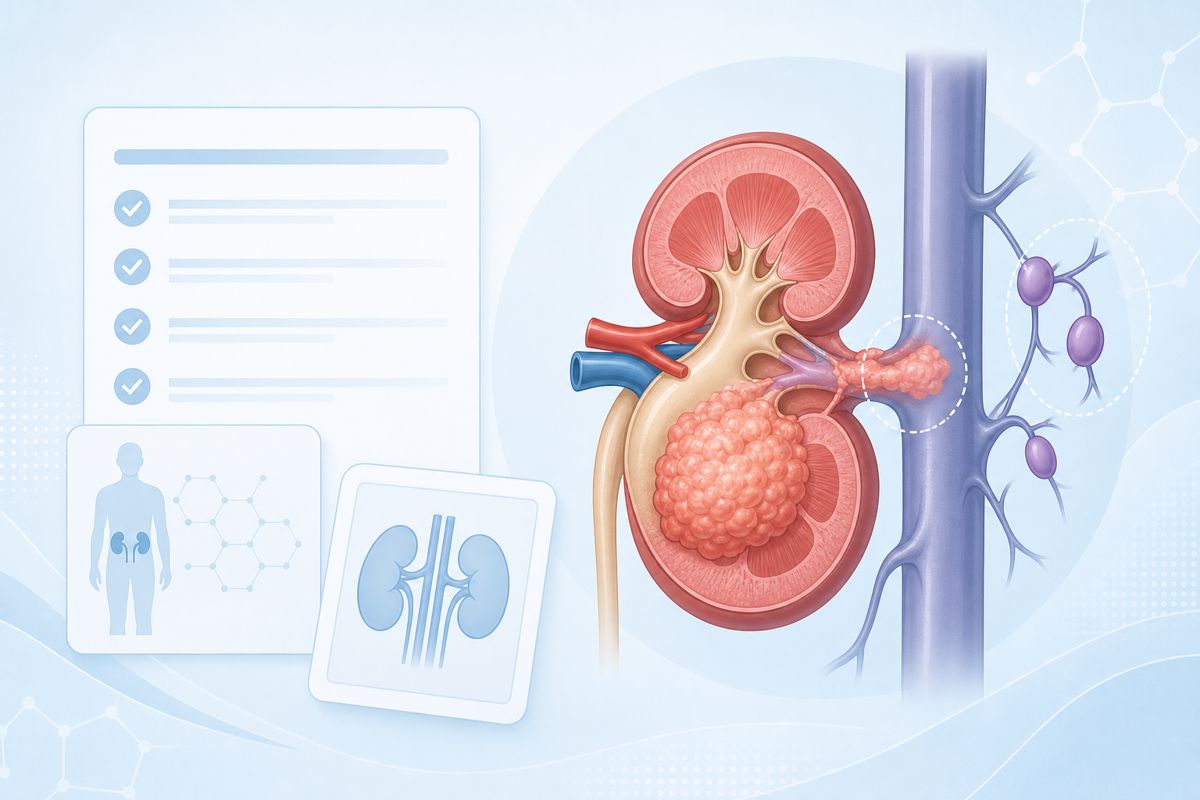 腎臓がんステージ3について腎静脈やリンパ節への広がりを示す医療イラスト