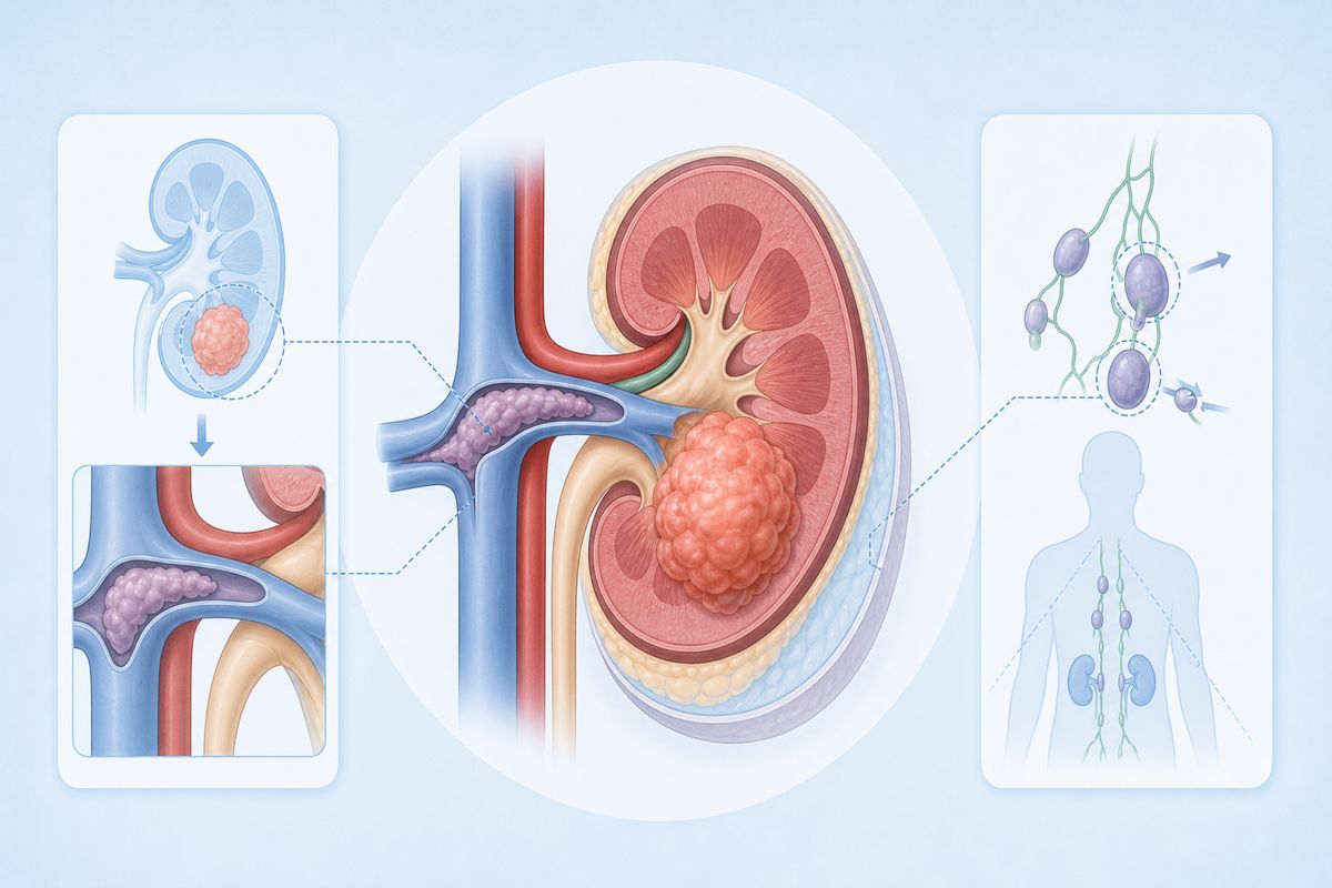腎臓がんステージ3で腎静脈や近くのリンパ節を確認する図解