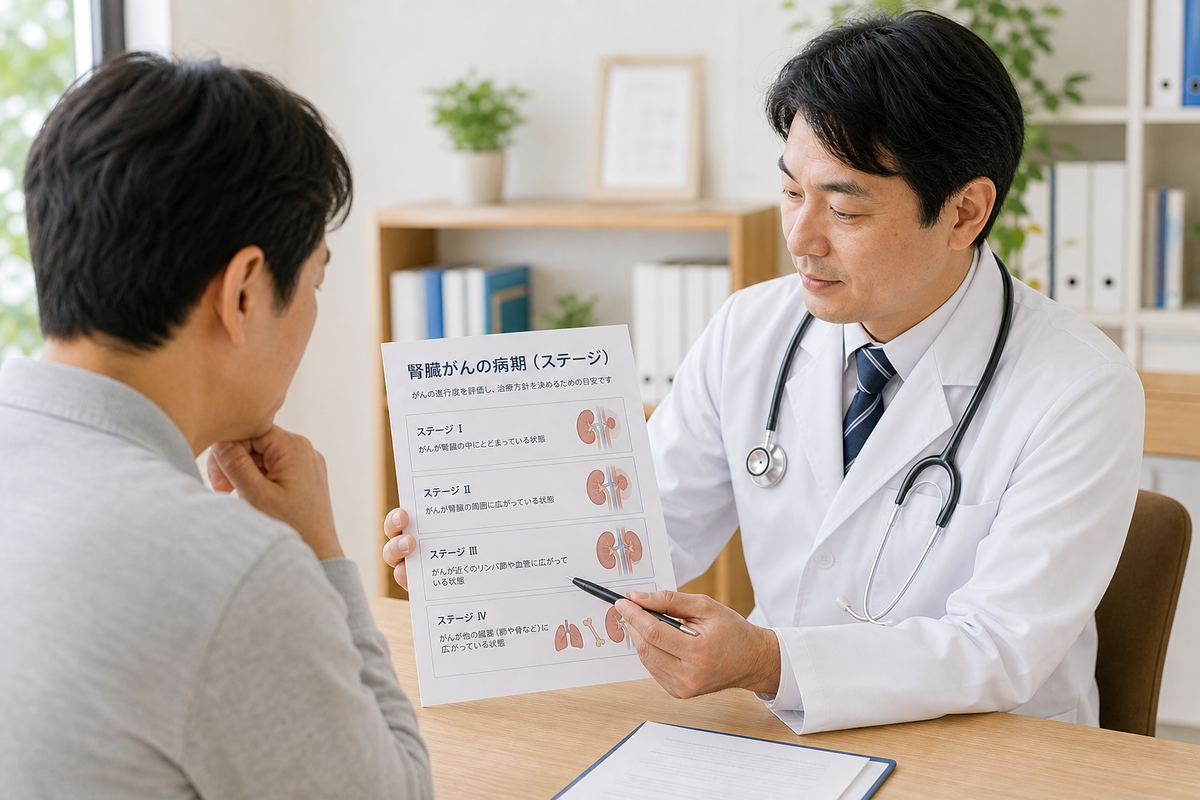 腎臓がんのステージについて医師と資料を確認するイメージ
