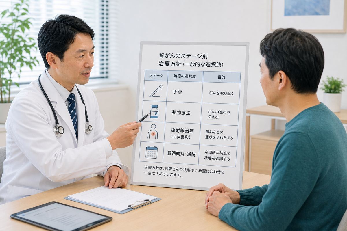 腎臓がんのステージごとの治療方針を医療者が説明するイメージ