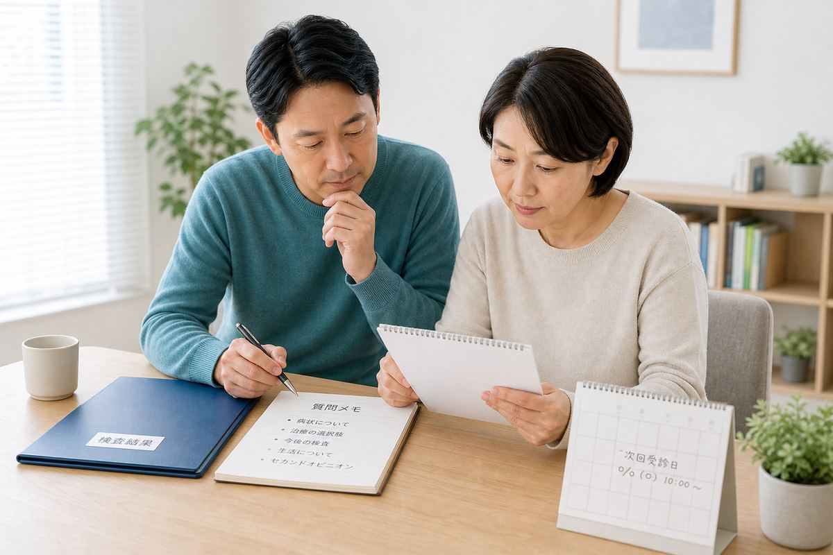 腎臓がんのステージ診断後に相談内容を整理する患者様のイメージ