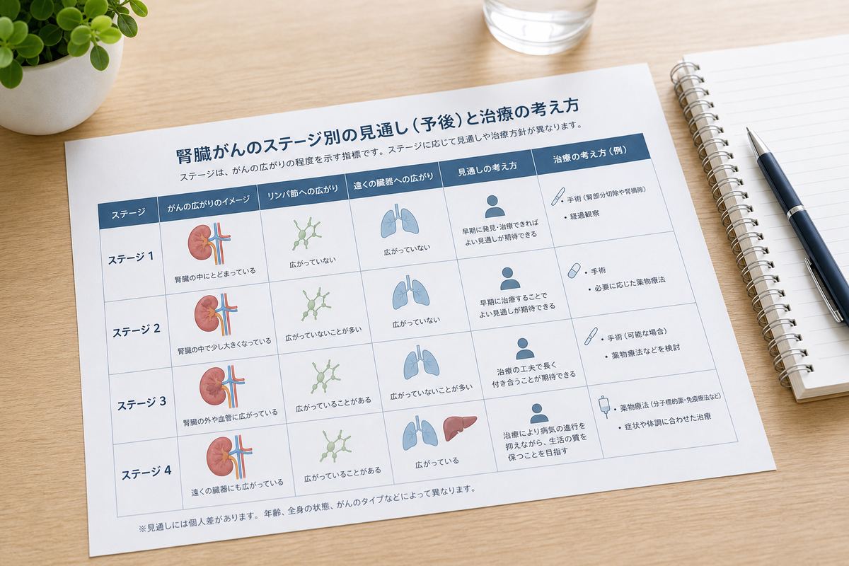 腎臓がんのステージ別に生存率の考え方を整理するイメージ