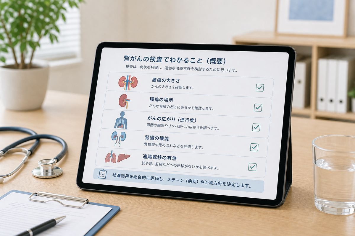 腎臓がんの検査で確認する項目を整理した医療資料のイメージ
