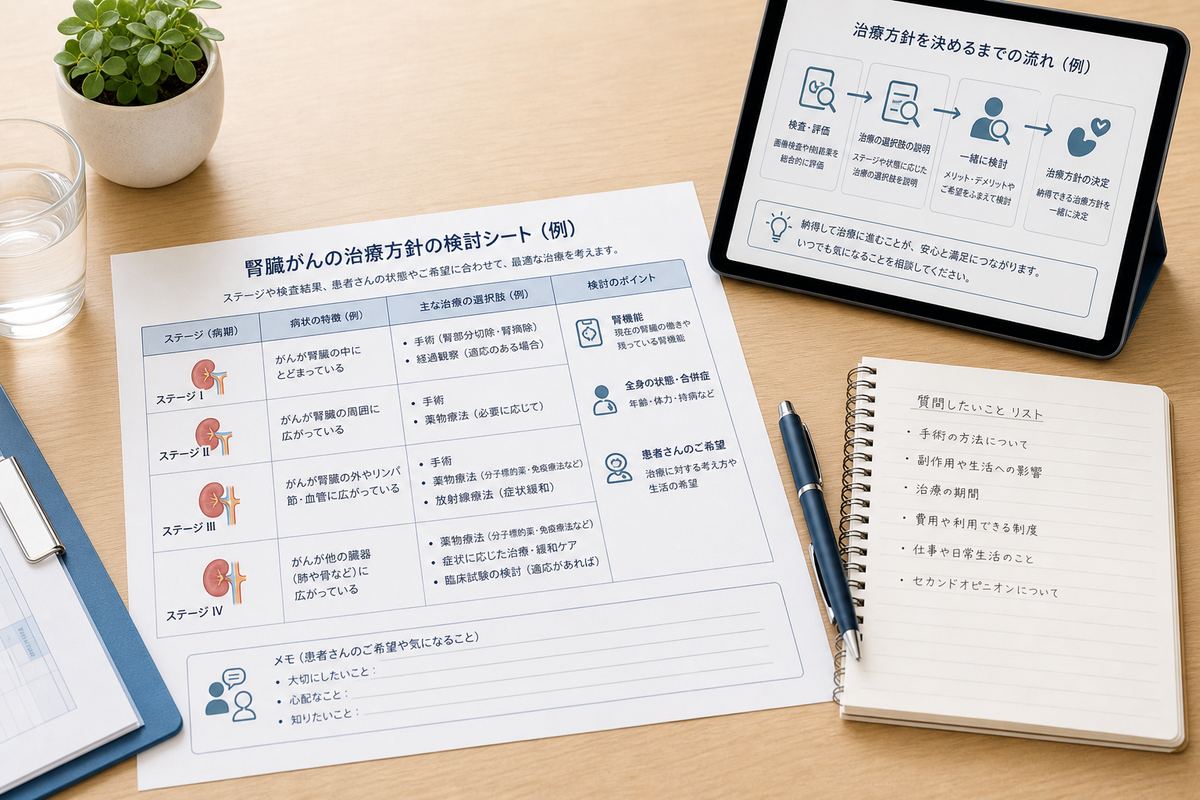 腎臓がんの治療法を検査結果と照らし合わせて整理するイメージ