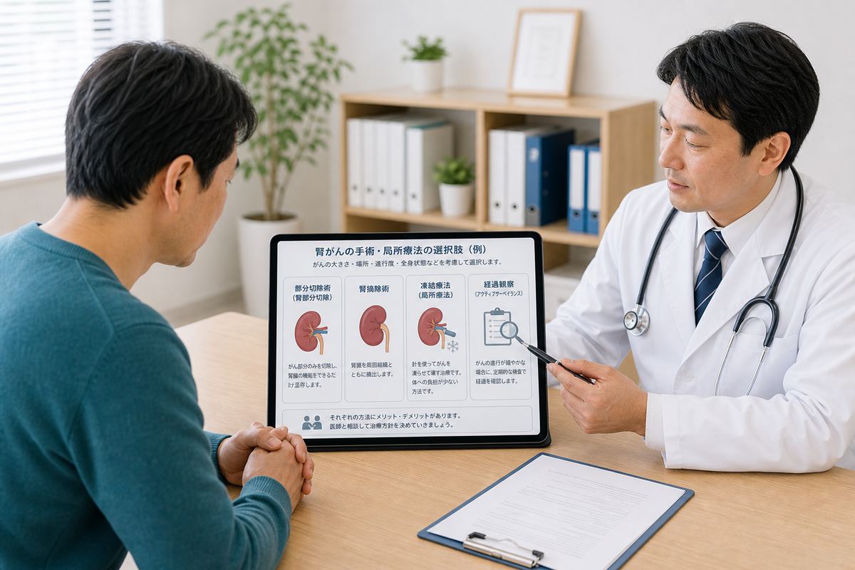 腎臓がんの手術や局所療法について説明する医療イメージ