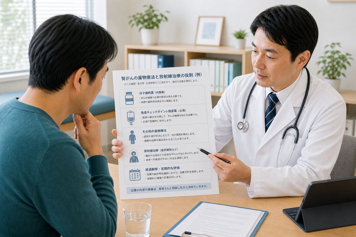 腎臓がんの薬物療法や放射線治療の役割を説明するイメージ