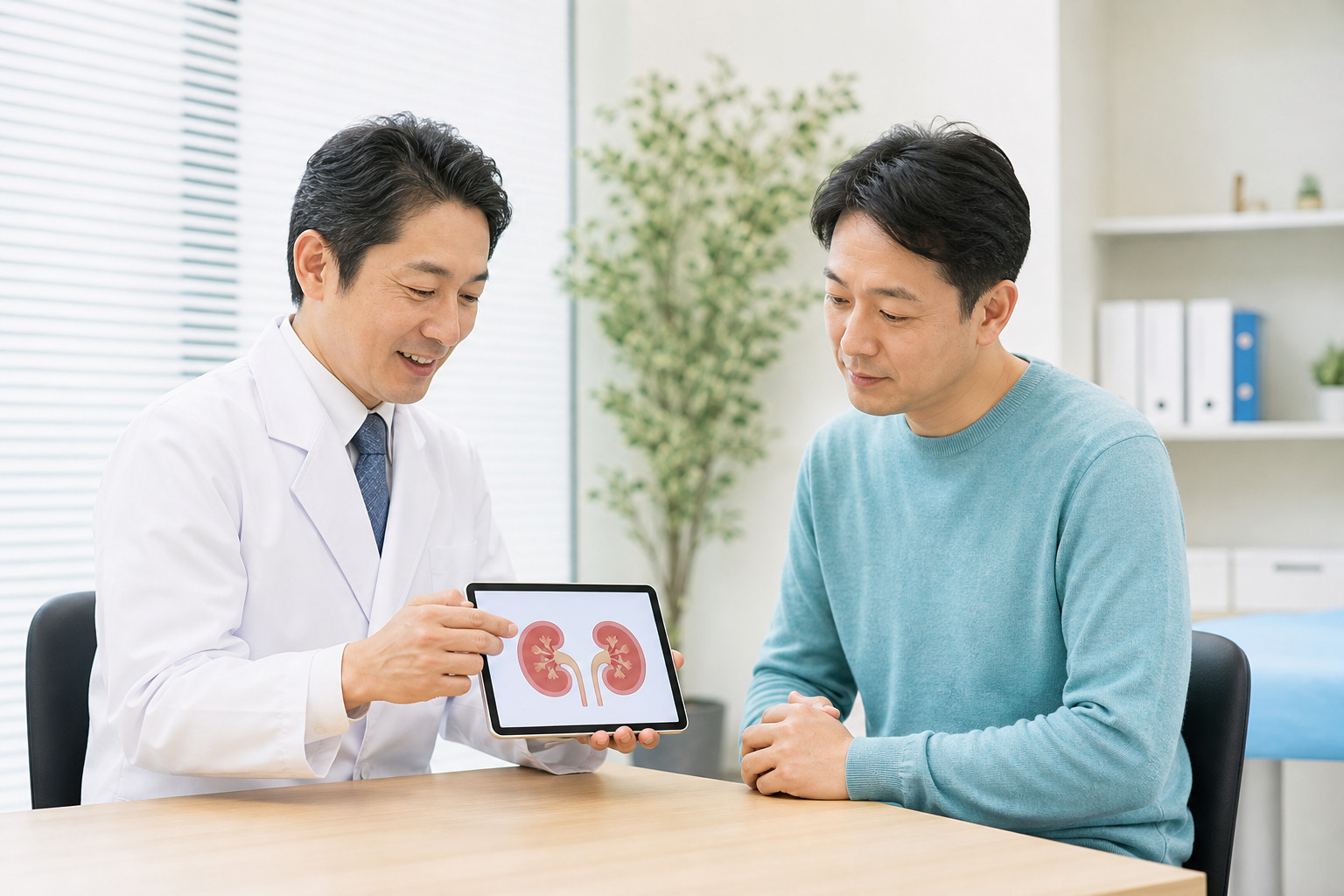 腎臓がんについて医療者と資料を確認するイメージ