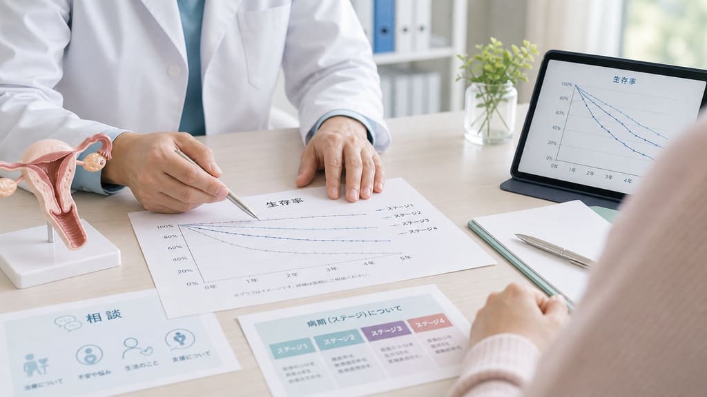 卵巣がんの生存率について医師と資料を確認する様子