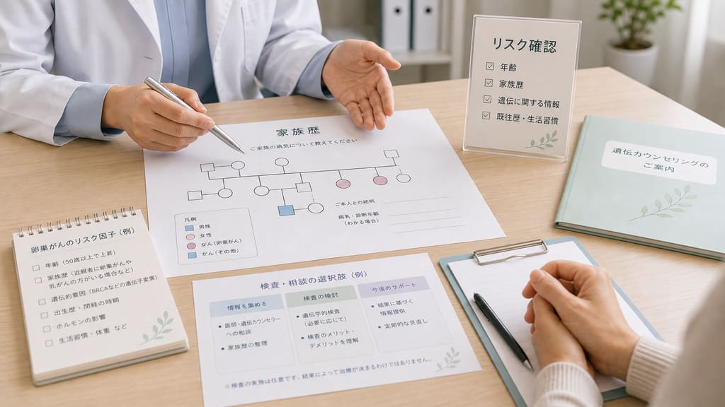 卵巣がんの年齢と家族歴などのリスク要因を確認する様子