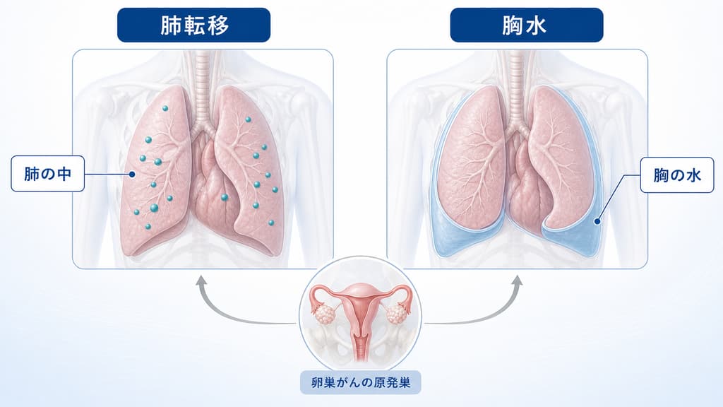 卵巣がんの肺転移と胸部症状の関係を示した医療模式図