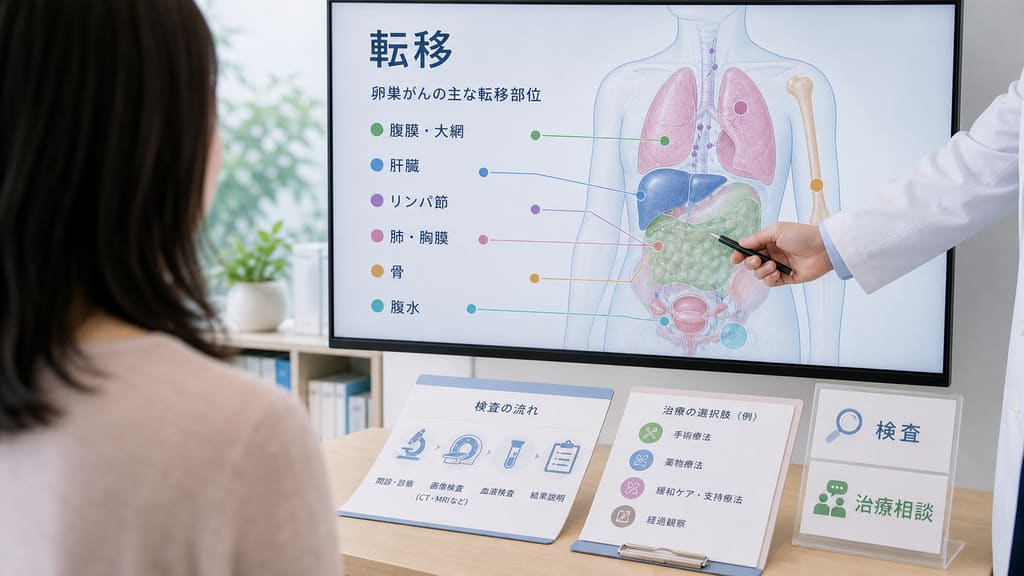 卵巣がんの転移しやすい部位を医療資料で確認するイメージ