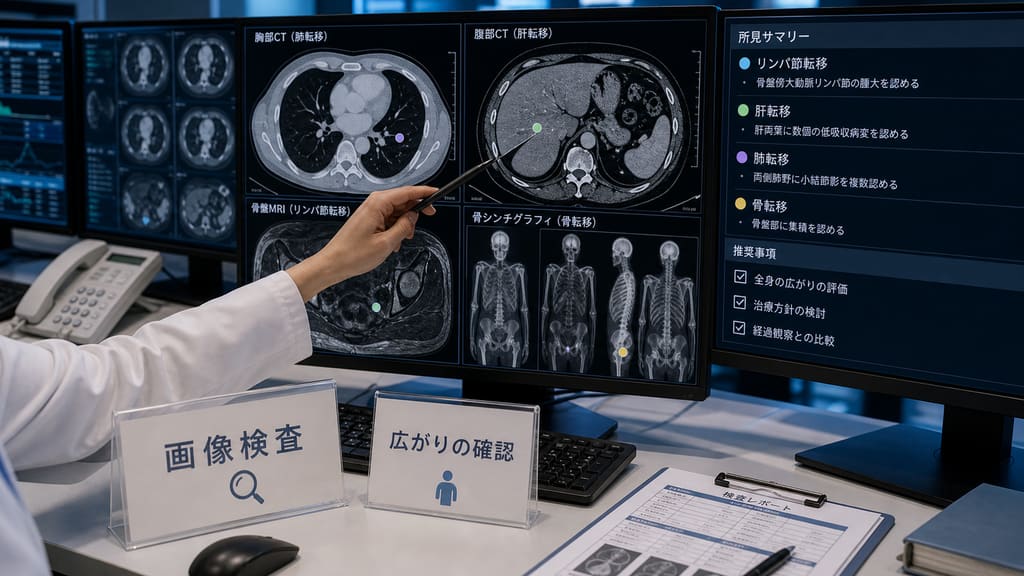卵巣がんで確認される転移部位を画像検査で整理する様子