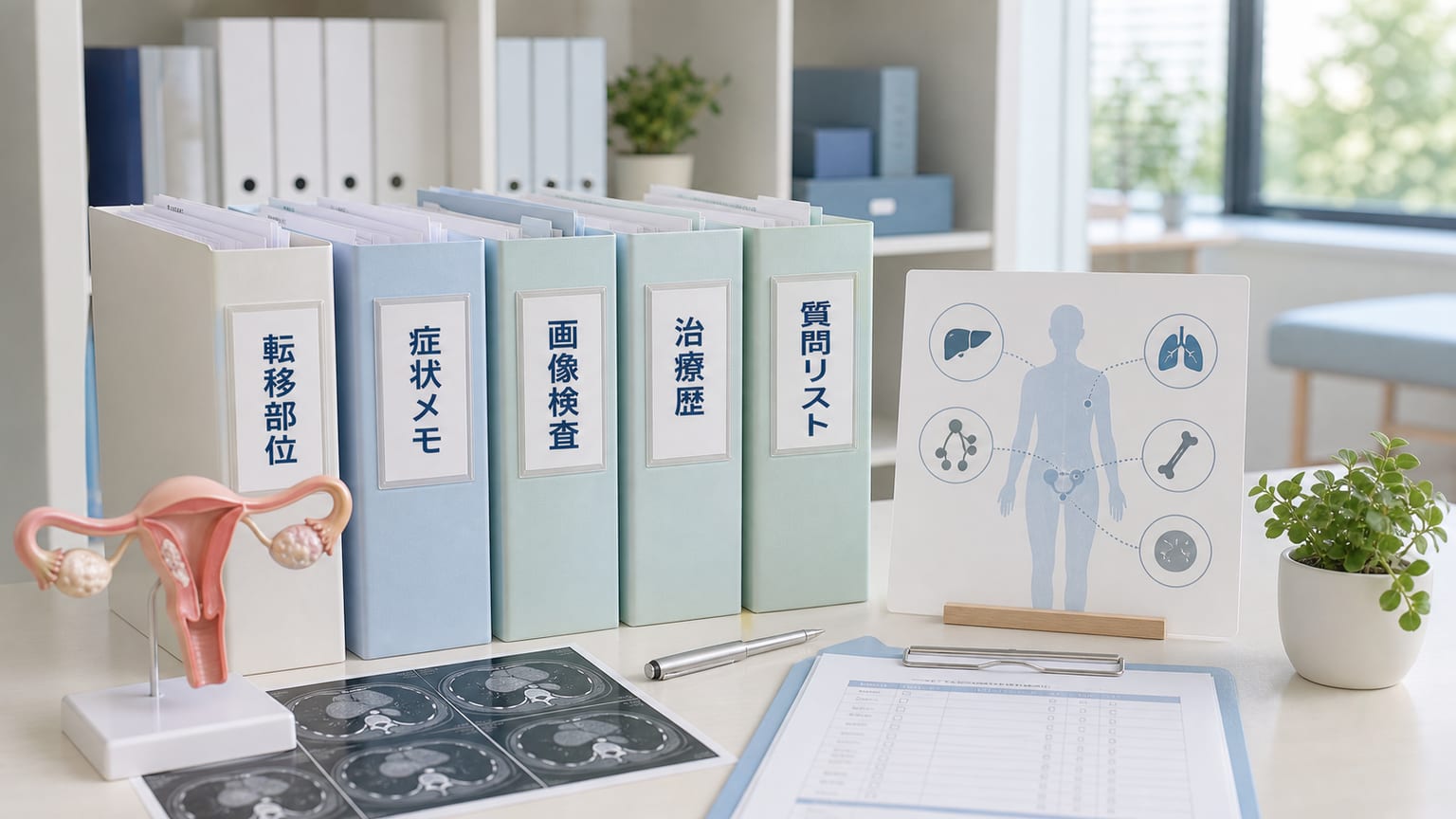 卵巣がんの転移について相談前に資料を整理するクリニック向け画像