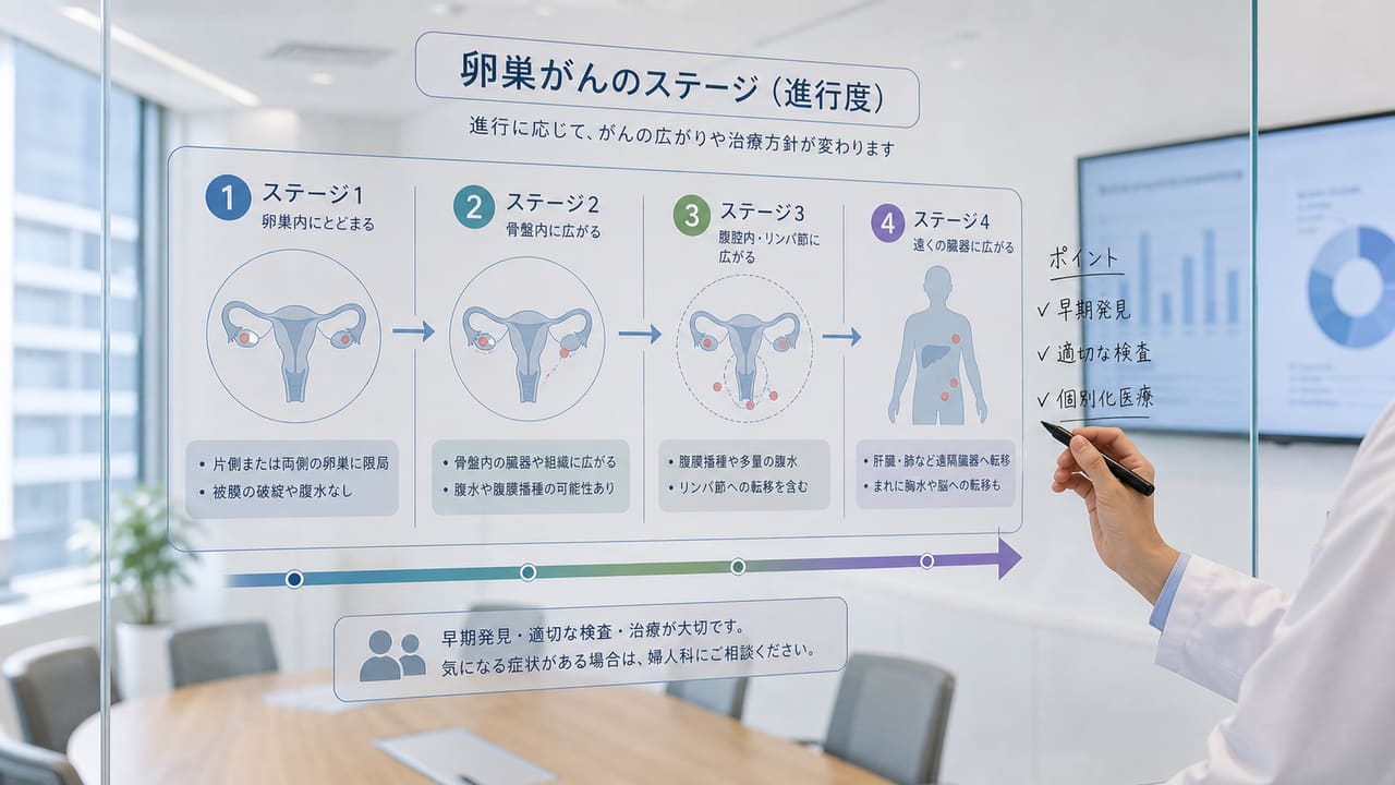 卵巣がんのステージ1から4を医療ボードで整理するイメージ
