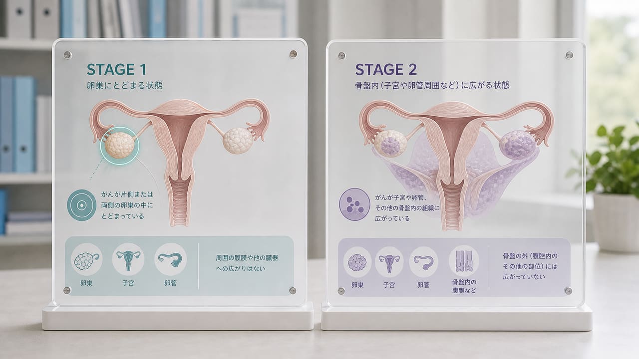 卵巣がんステージ1とステージ2の広がりを教材パネルで比較するイメージ