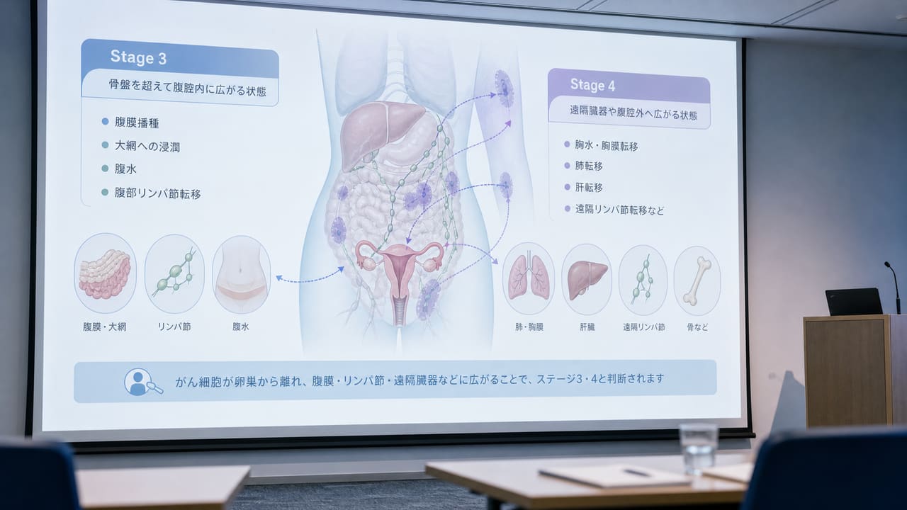 卵巣がんステージ3とステージ4の広がりを医療講義で確認するイメージ
