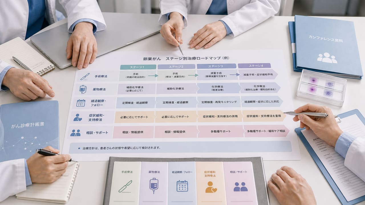 卵巣がんのステージ別治療方針を多職種で検討するイメージ