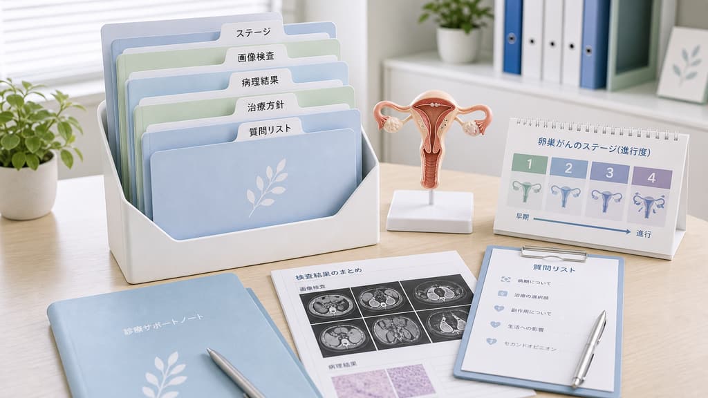 卵巣がんのステージ説明を受けた後に検査結果や治療方針を整理する資料