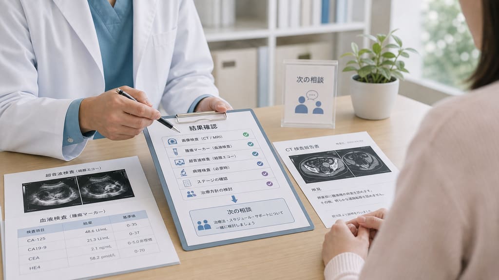 卵巣がんの検査結果と次の相談内容を医師と確認する様子