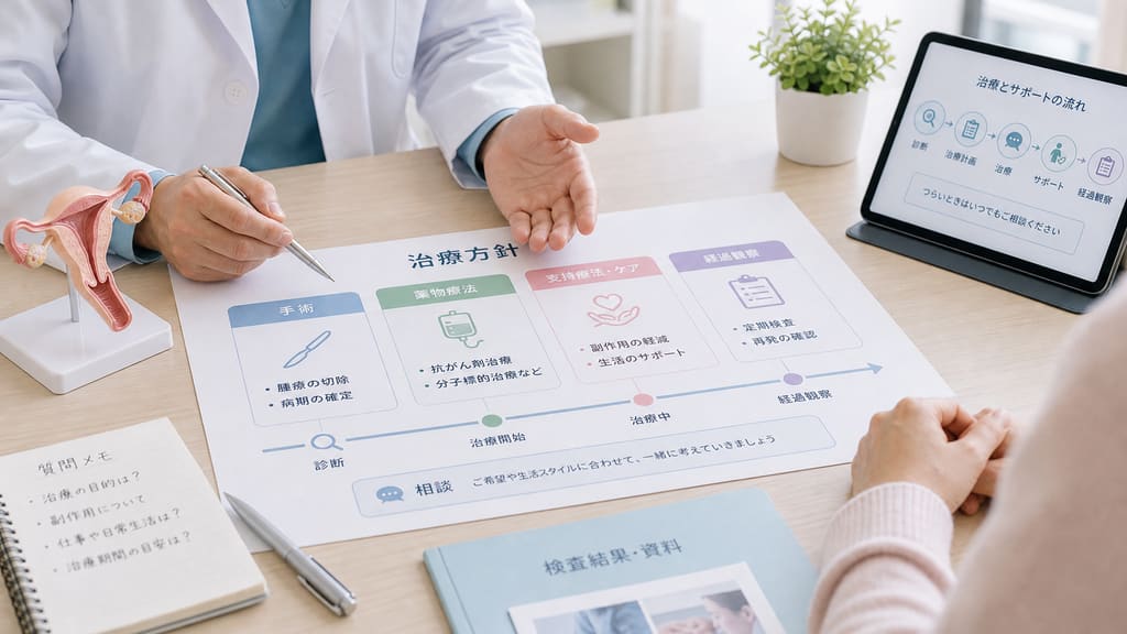 卵巣がんの治療方針を医師と確認する様子
