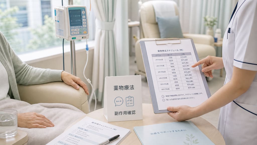 卵巣がんの薬物療法スケジュールを確認する外来治療室