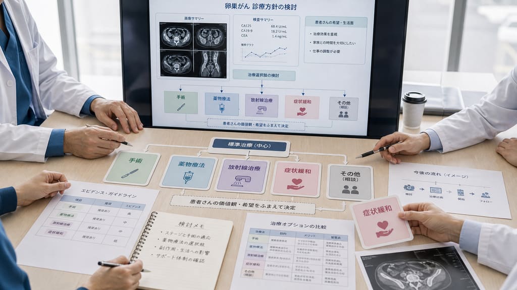 卵巣がんの治療選択肢を医療チームで検討する様子