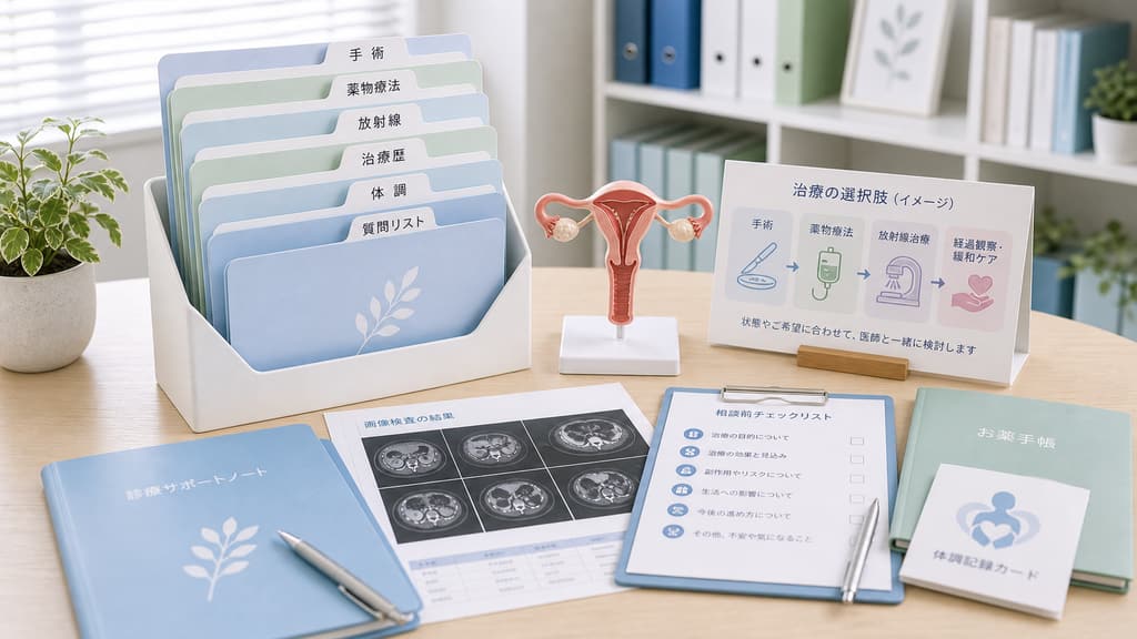 卵巣がんの治療方針を相談する前に手術や薬物療法などの資料を整理する画像