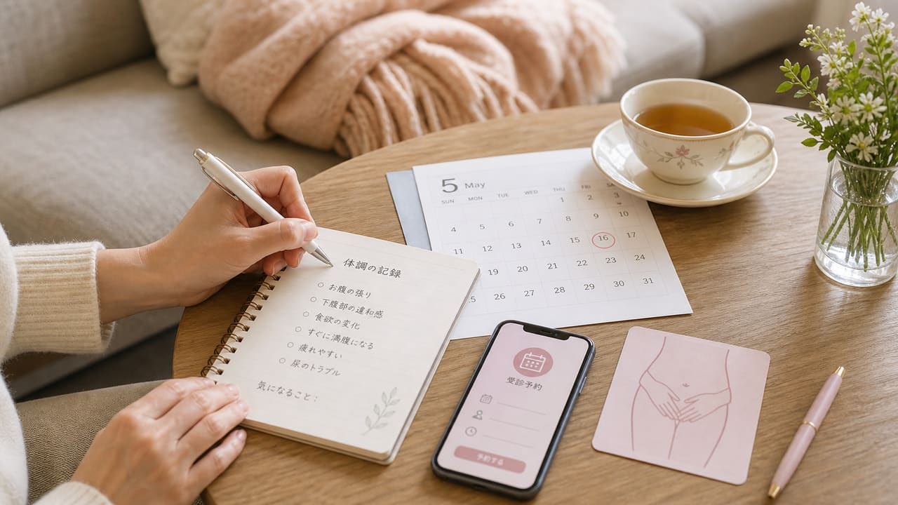 卵巣がんが心配な症状を記録して受診相談につなげるイメージ