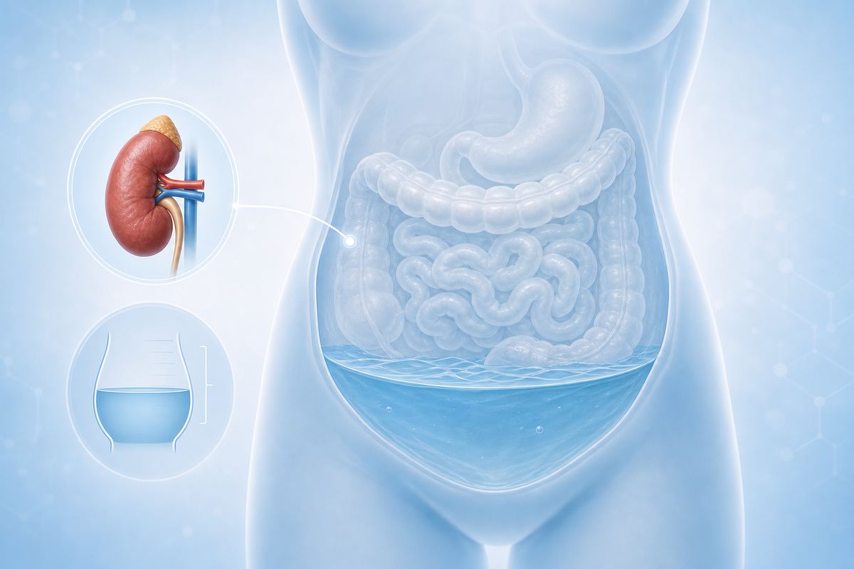 腎臓がんで腹水がみられる場合を説明する医療イラスト
