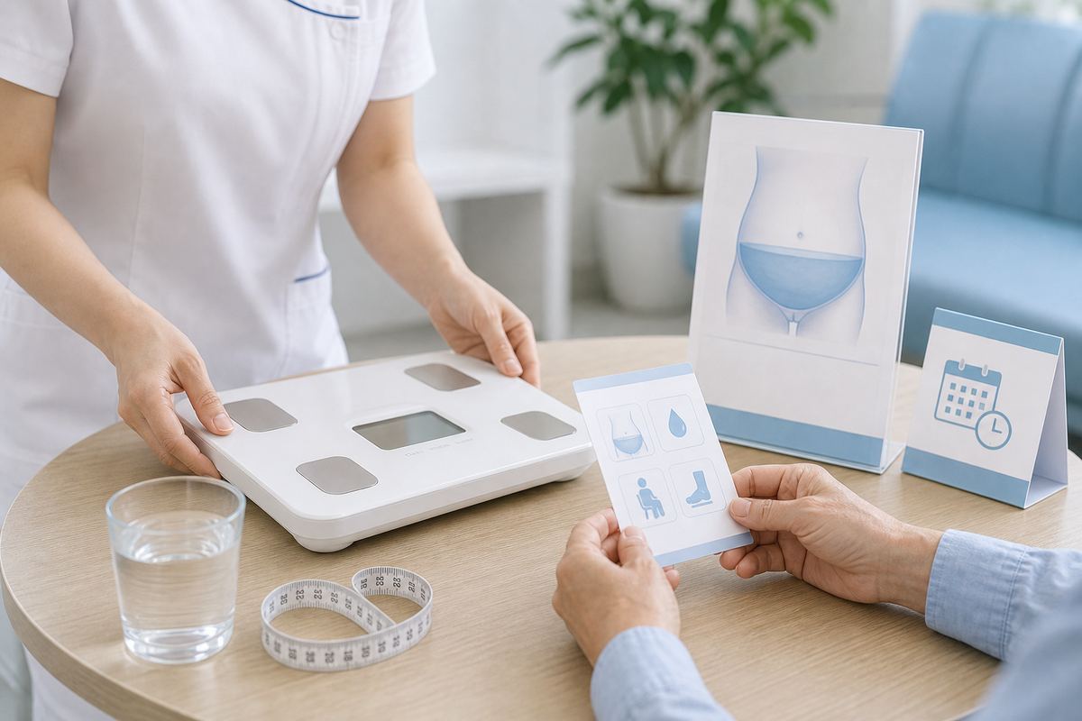 腎臓がんで腹水がみられる場合の経過観察と生活支援を示す図解
