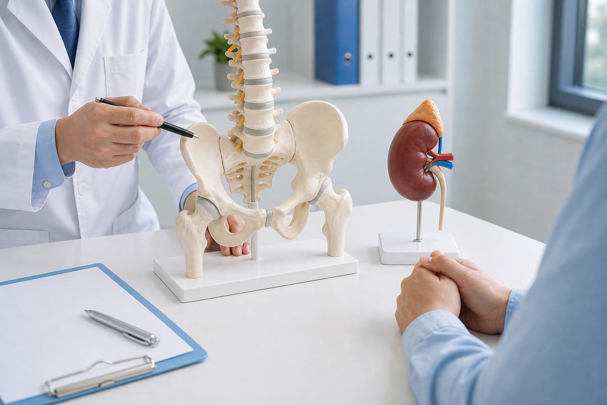腎臓がんの骨転移について医師と患者様が確認する医療イメージ