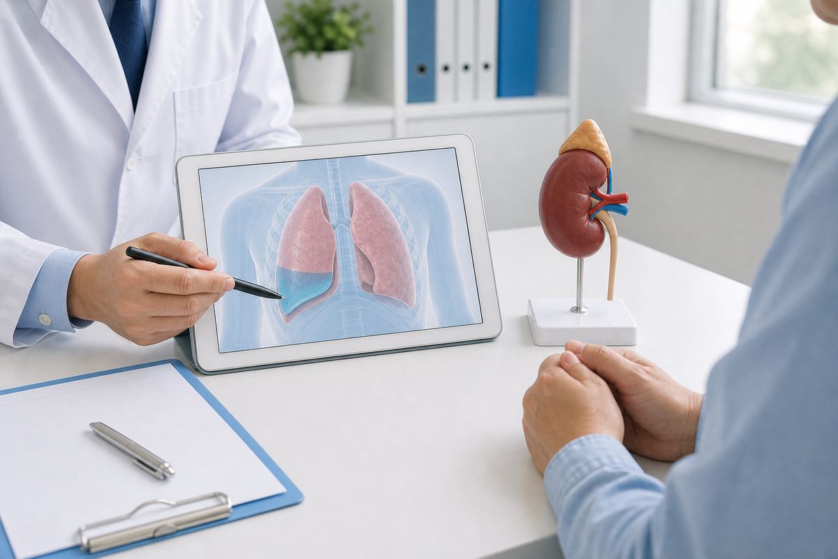 腎臓がんで胸水がみられる場合について医師と患者様が確認するイメージ