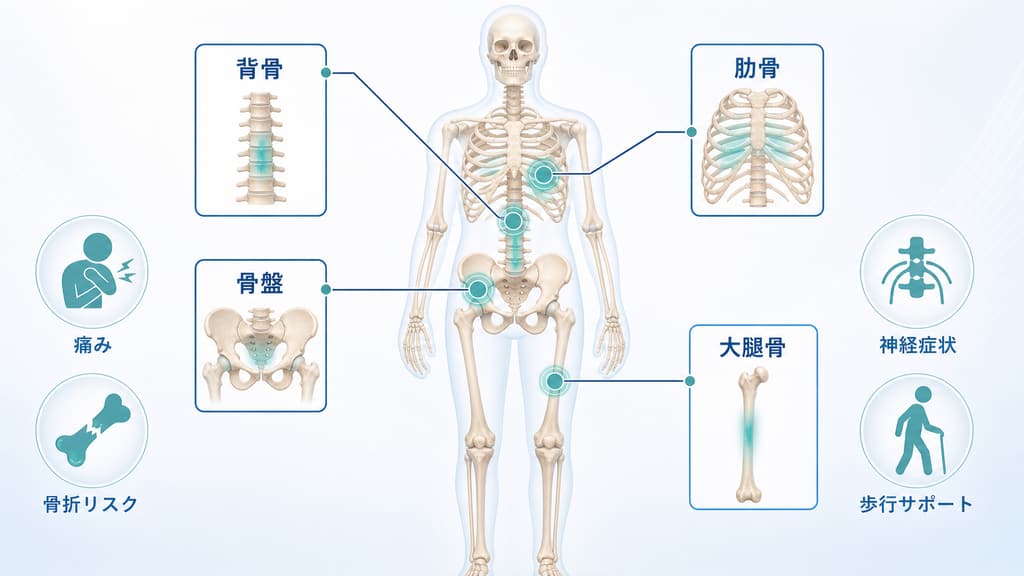 卵巣がんの骨転移と痛みやしびれの関係を示した医療模式図