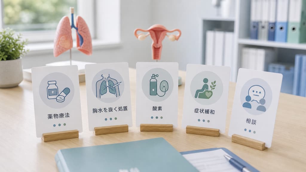 卵巣がん胸水の相談時に呼吸症状や検査結果を整理する資料と診察机