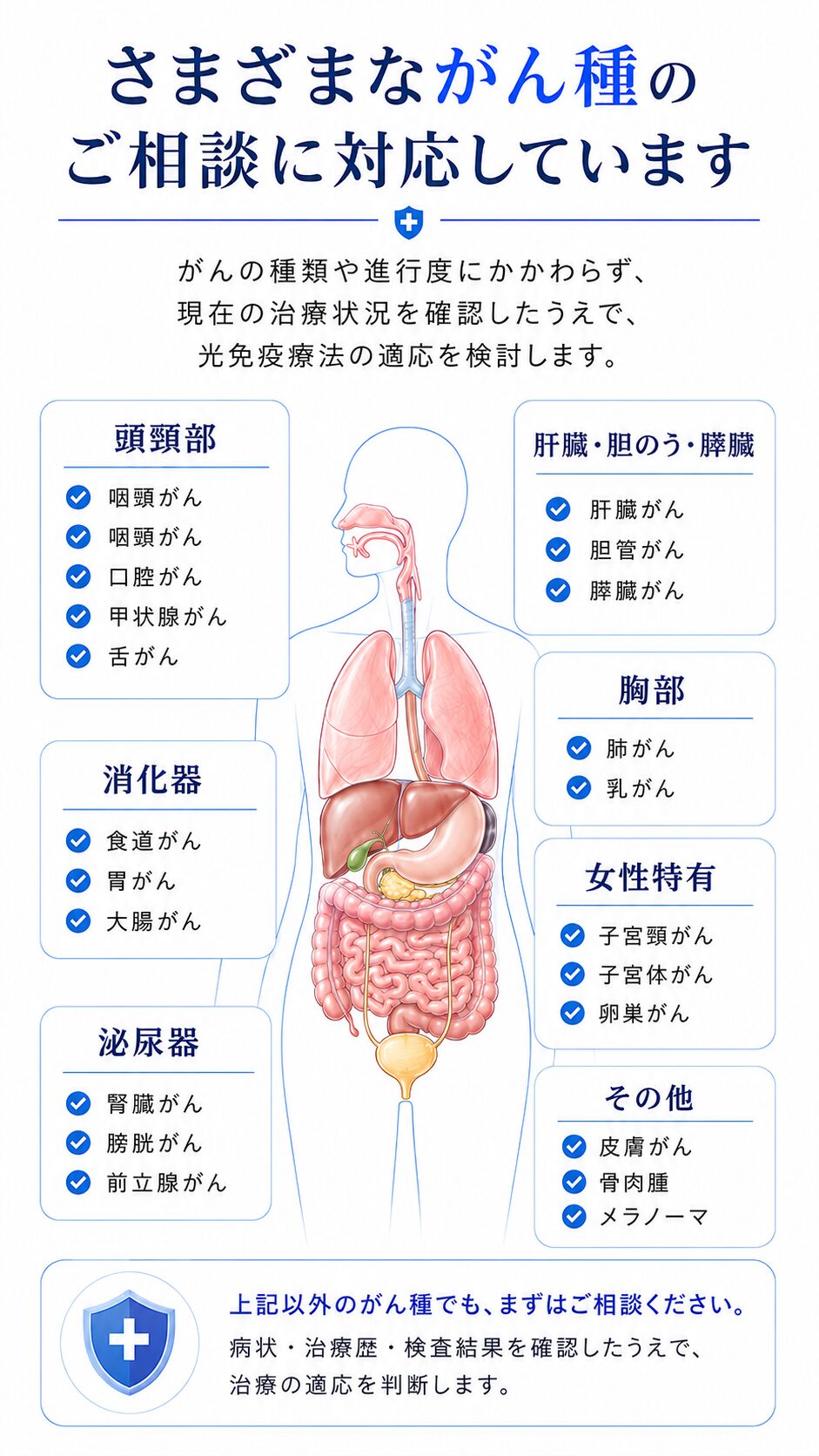 頭頸部・消化器・泌尿器・胸部・女性特有などさまざまながん種の相談対応