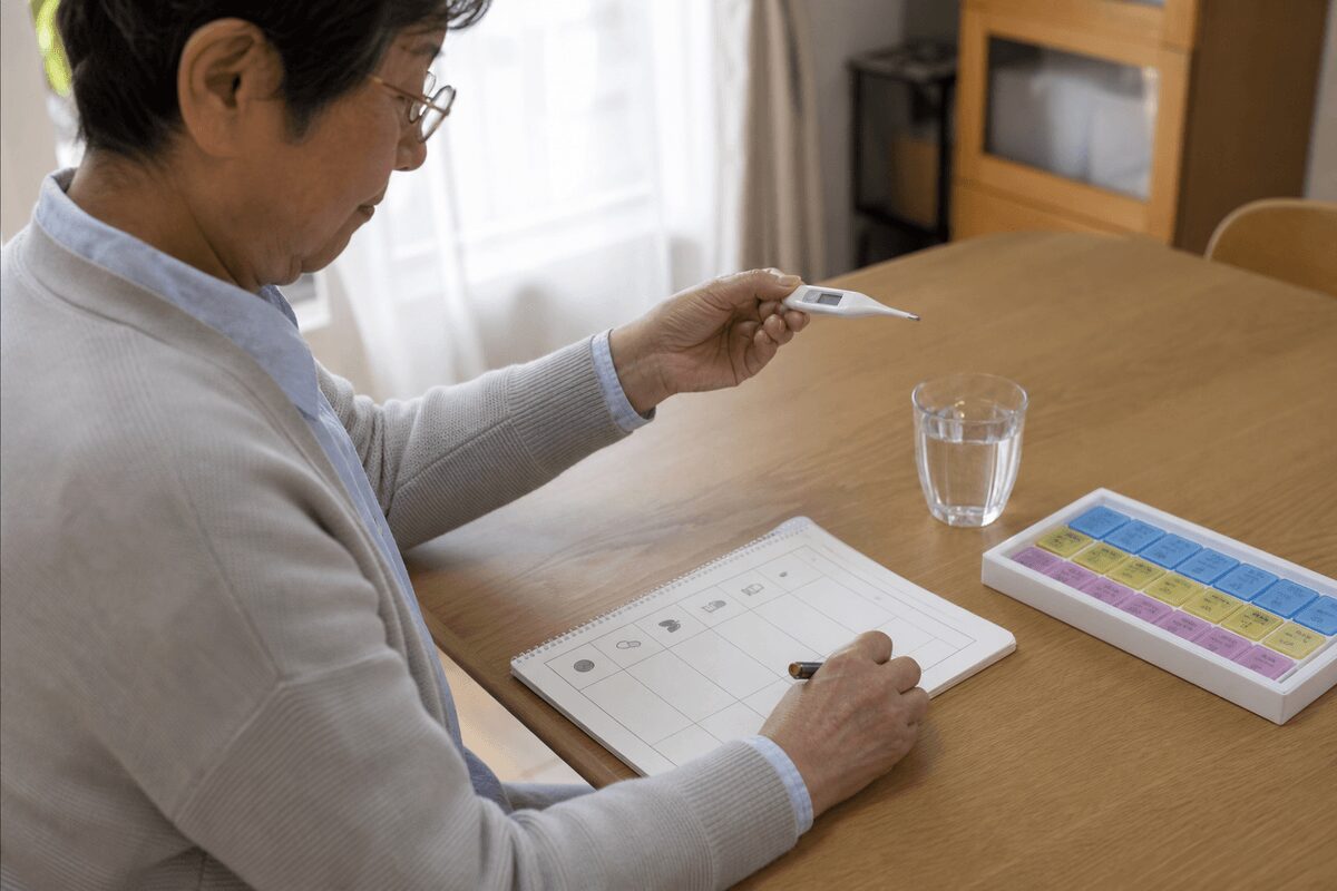 抗がん剤治療中の症状と体温を自宅で記録する手元のイメージ