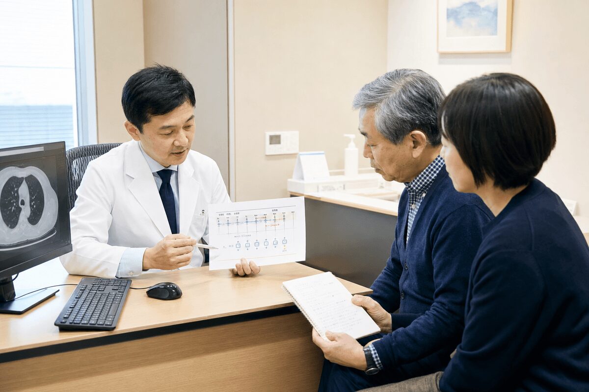 肺がんの抗がん剤治療前に質問メモと生活予定を家族で整理するイメージ