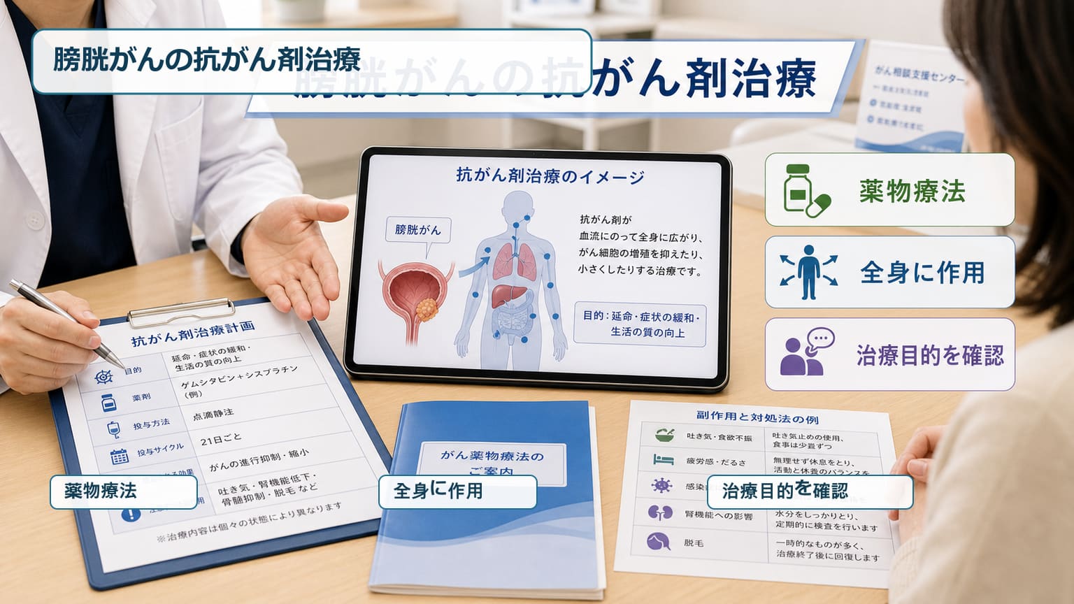 膀胱がんの抗がん剤治療の目的と薬物療法の全身作用を示す医療画像