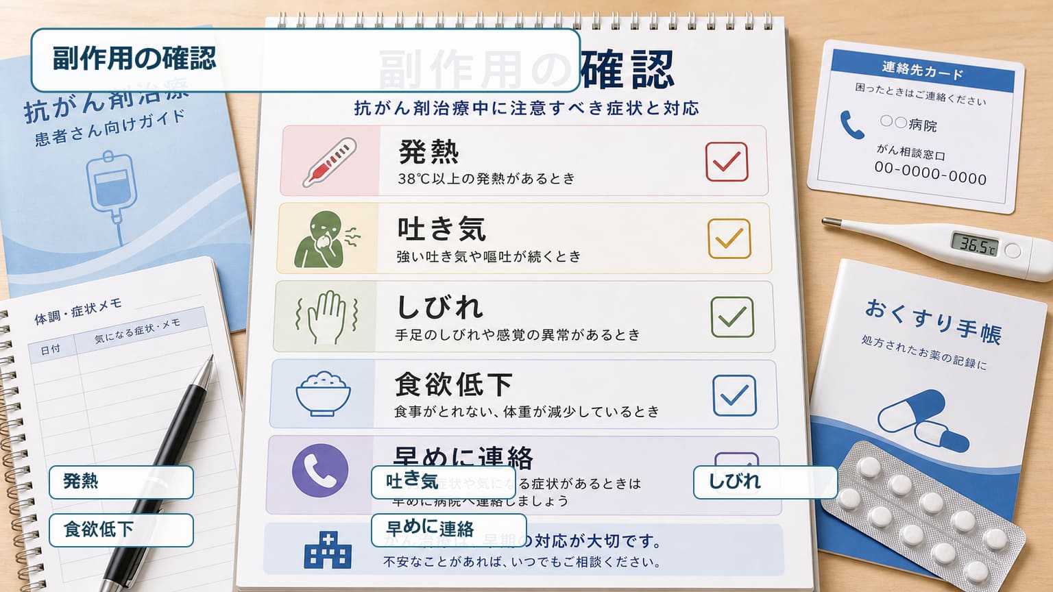 膀胱がんの抗がん剤治療中に発熱や吐き気やしびれなど副作用を確認する画像