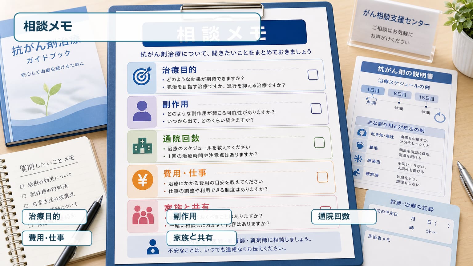 膀胱がんの抗がん剤治療前に治療目的や副作用や通院回数を相談メモに整理する画像